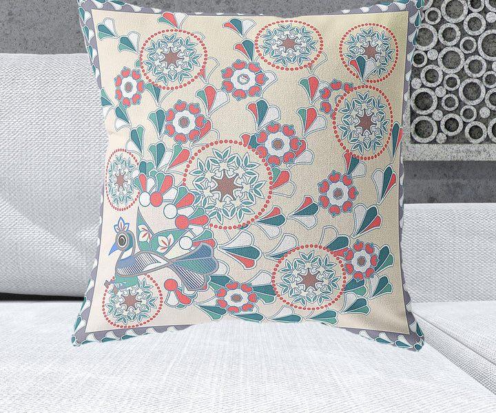 26" x 26" Off White Peacock Blown Seam Floral Indoor Outdoor Throw Pillow