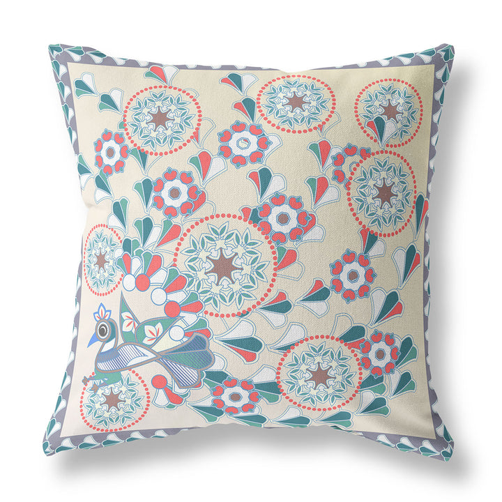 26" x 26" Off White Peacock Blown Seam Floral Indoor Outdoor Throw Pillow