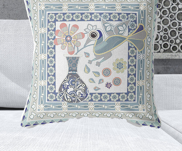 28" x 28" Blue and White Peacock Blown Seam Floral Indoor Outdoor Throw Pillow