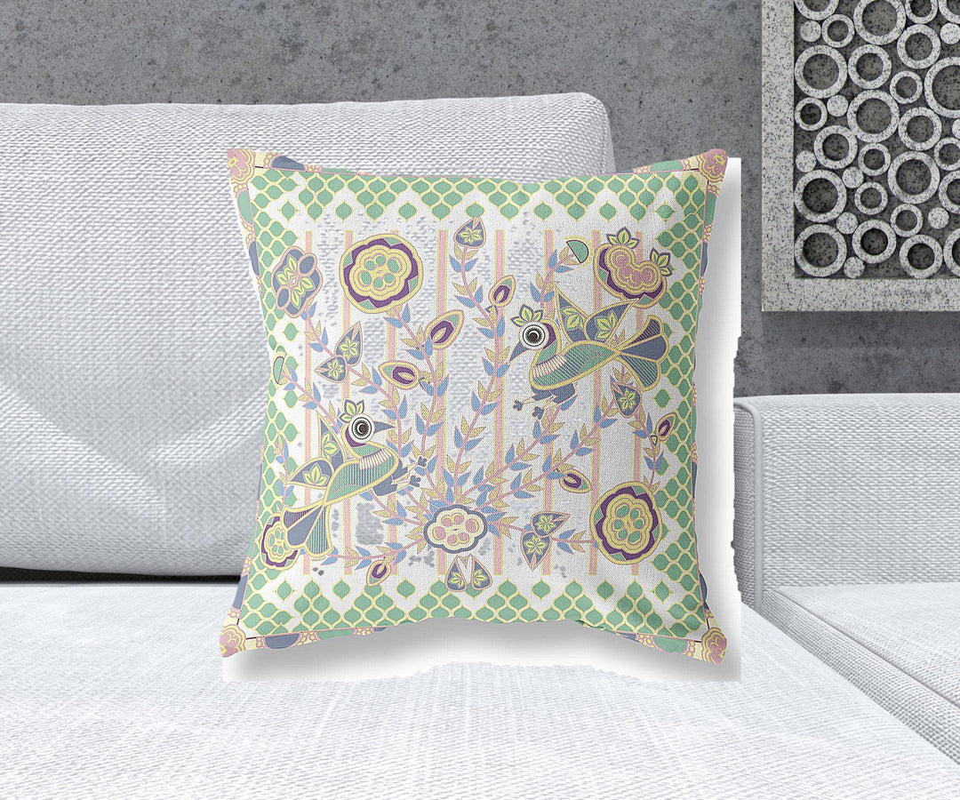 20" x 20" Yellow and White Peacock Blown Seam Floral Indoor Outdoor Throw Pillow