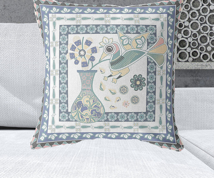 26" x 26" Blue and White Bird Blown Seam Floral Indoor Outdoor Throw Pillow