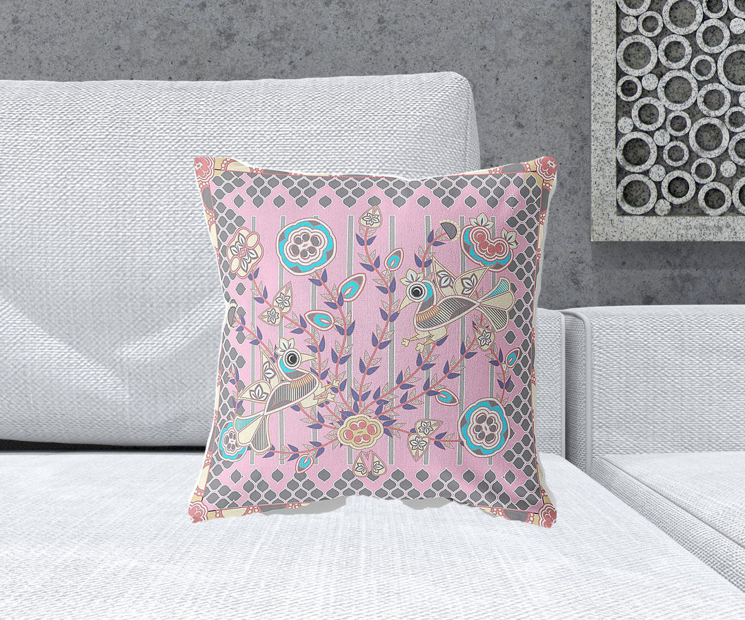 18" x 18" Pink Peacock Blown Seam Floral Indoor Outdoor Throw Pillow