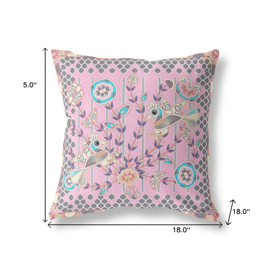 18" x 18" Pink Peacock Blown Seam Floral Indoor Outdoor Throw Pillow