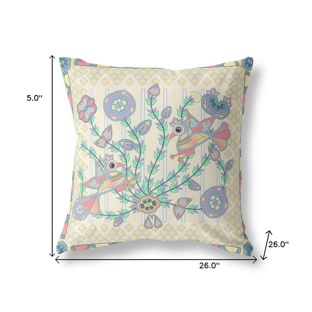 26" X 26" Blue and Yellow Peacock Blown Seam Floral Indoor Outdoor Throw Pillow