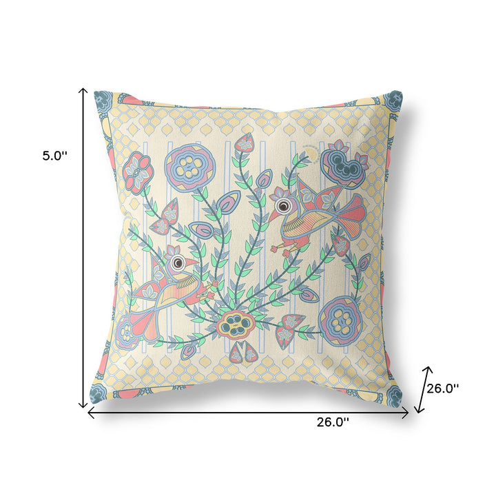 26" X 26" Blue and Yellow Peacock Blown Seam Floral Indoor Outdoor Throw Pillow