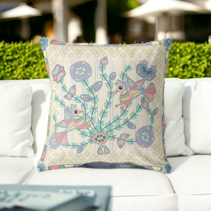 26" X 26" Blue and Yellow Peacock Blown Seam Floral Indoor Outdoor Throw Pillow