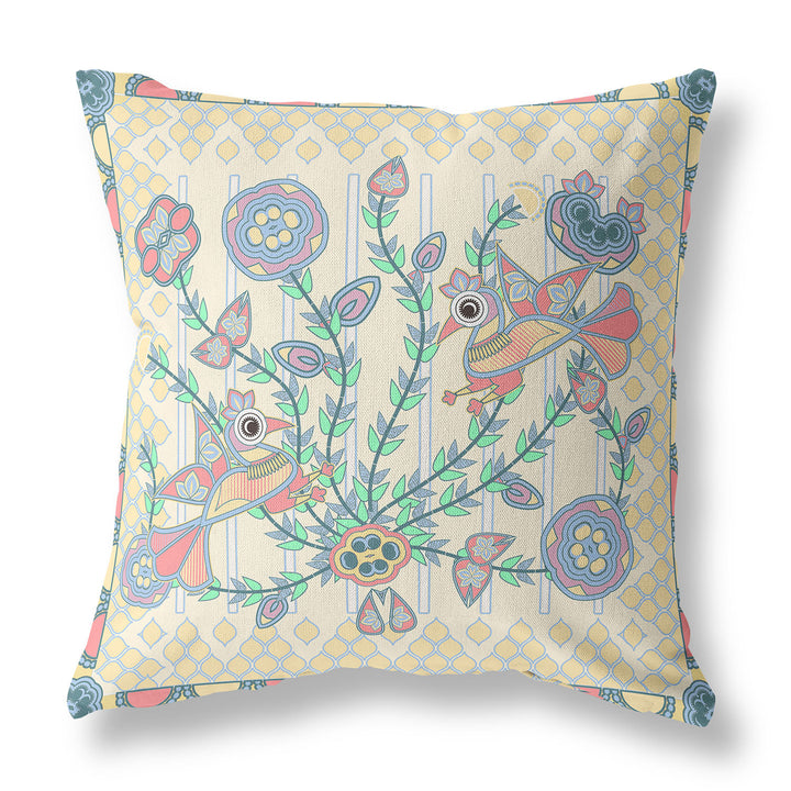 26" X 26" Blue and Yellow Peacock Blown Seam Floral Indoor Outdoor Throw Pillow