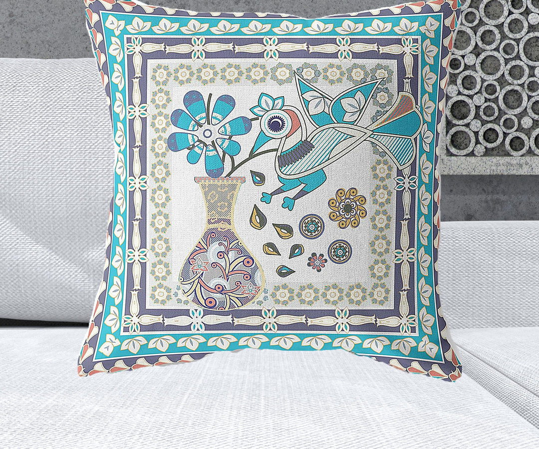 26" x 26" Cream Peacock Blown Seam Floral Indoor Outdoor Throw Pillow