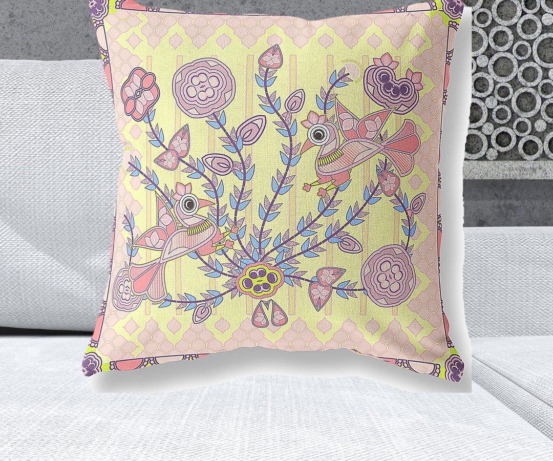 26" x 26" Yellow Peacock Blown Seam Floral Indoor Outdoor Throw Pillow