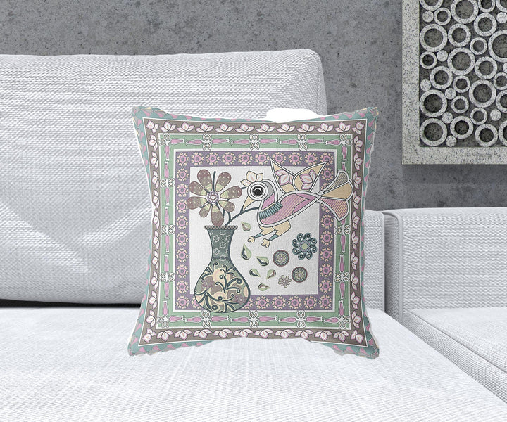 18" x 18" Pink Bird Blown Seam Floral Indoor Outdoor Throw Pillow