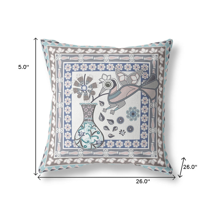 26" x 26" Blue and Gray Peacock Blown Seam Floral Indoor Outdoor Throw Pillow