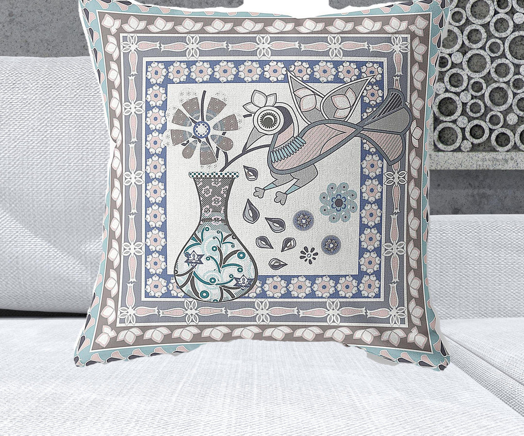 26" x 26" Blue and Gray Peacock Blown Seam Floral Indoor Outdoor Throw Pillow