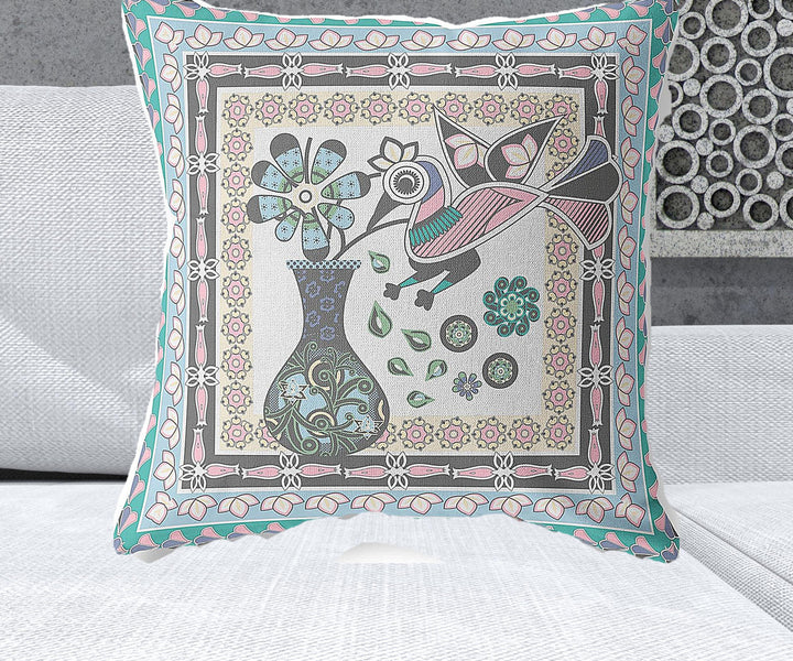 26" x 26" Gray Peacock Blown Seam Floral Indoor Outdoor Throw Pillow