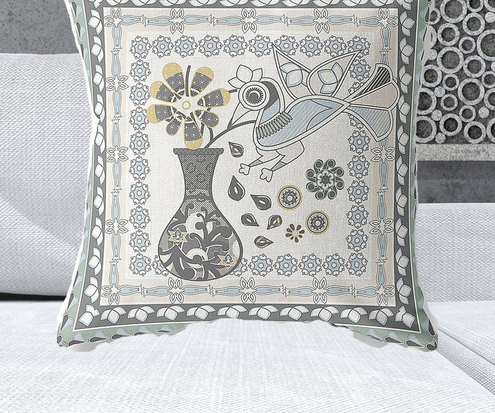 28" x 28" Cream Bird Blown Seam Floral Indoor Outdoor Throw Pillow