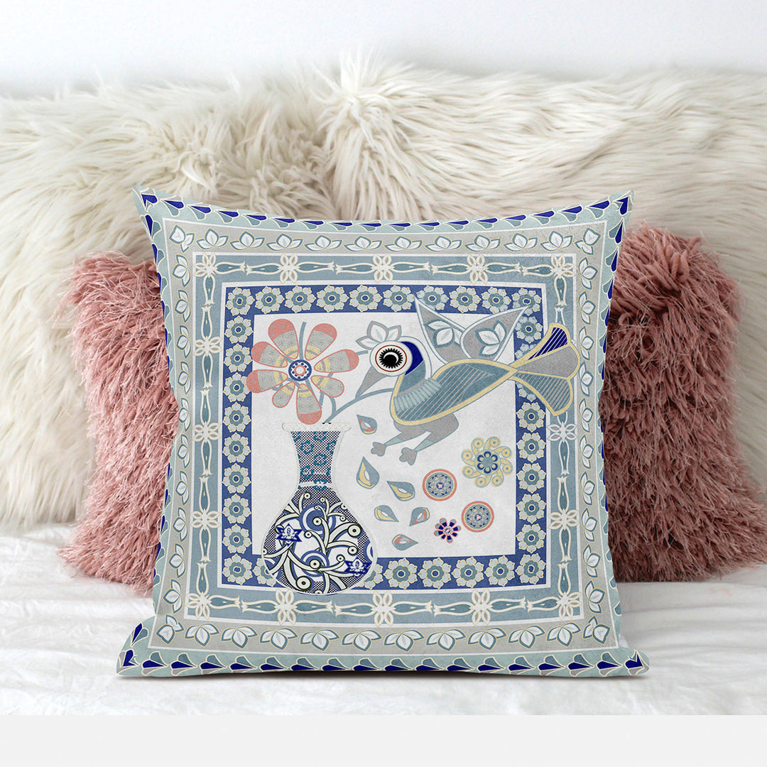 16" x 16" Blue and White Peacock Blown Seam Floral Indoor Outdoor Throw Pillow