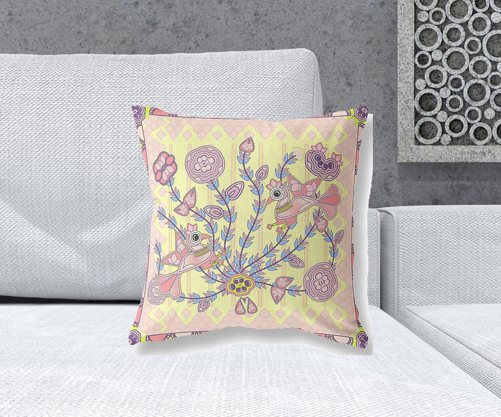 18" x 18" Yellow Peacock Blown Seam Floral Indoor Outdoor Throw Pillow