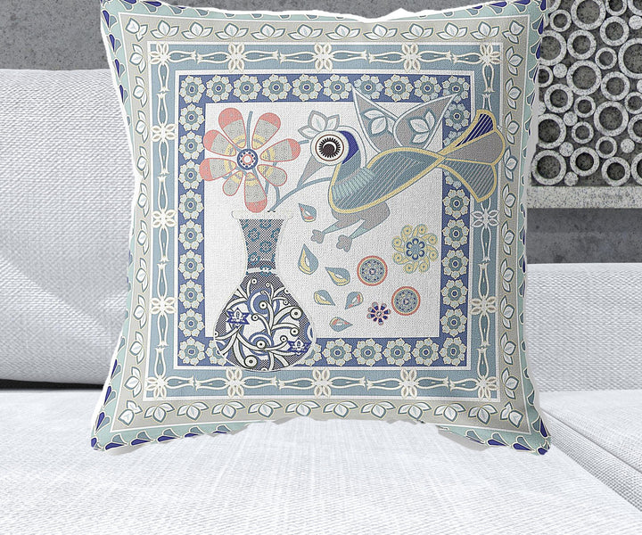 26" x 26" Blue and White Peacock Blown Seam Floral Indoor Outdoor Throw Pillow