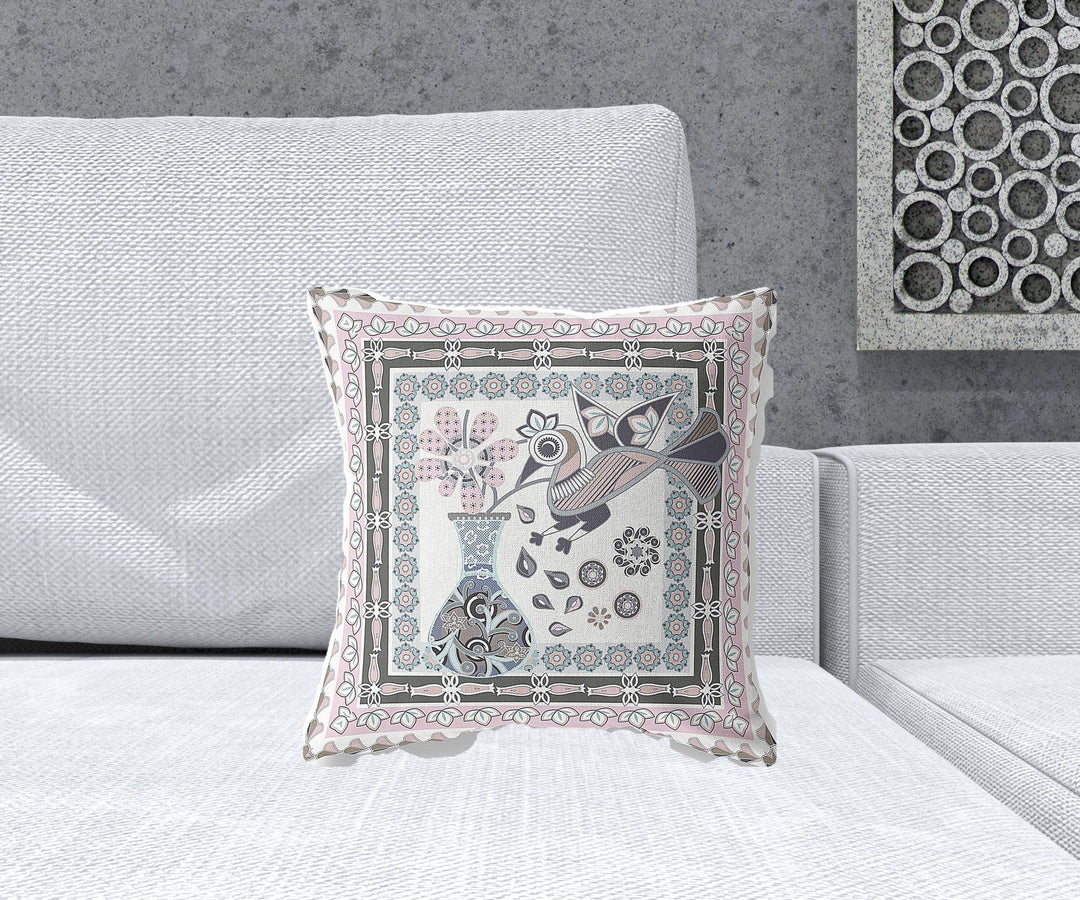 16" x 16" Pink and Grey Bird Blown Seam Abstract Indoor Outdoor Throw Pillow