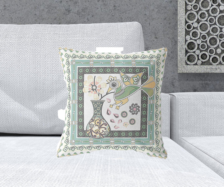 18" x 18" Green and White Bird Blown Seam Floral Indoor Outdoor Throw Pillow