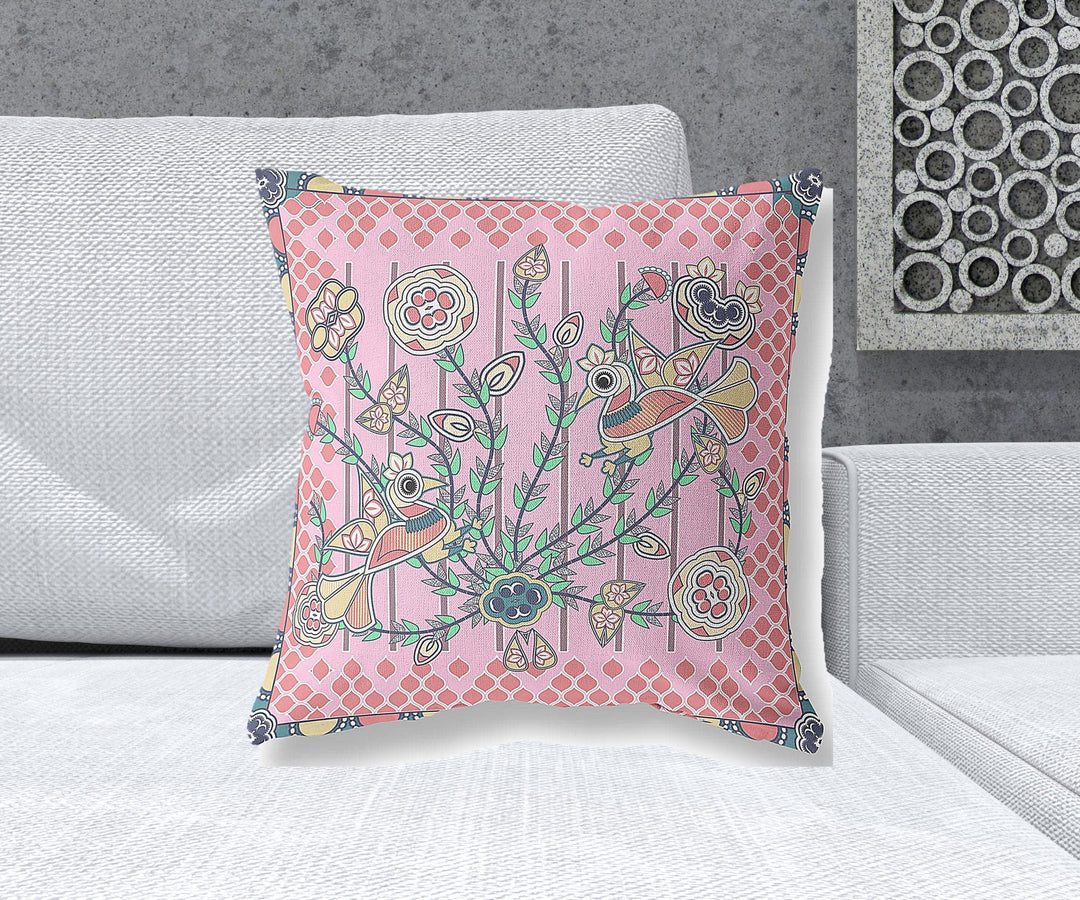 20" x 20" Pink Peacock Blown Seam Floral Indoor Outdoor Throw Pillow