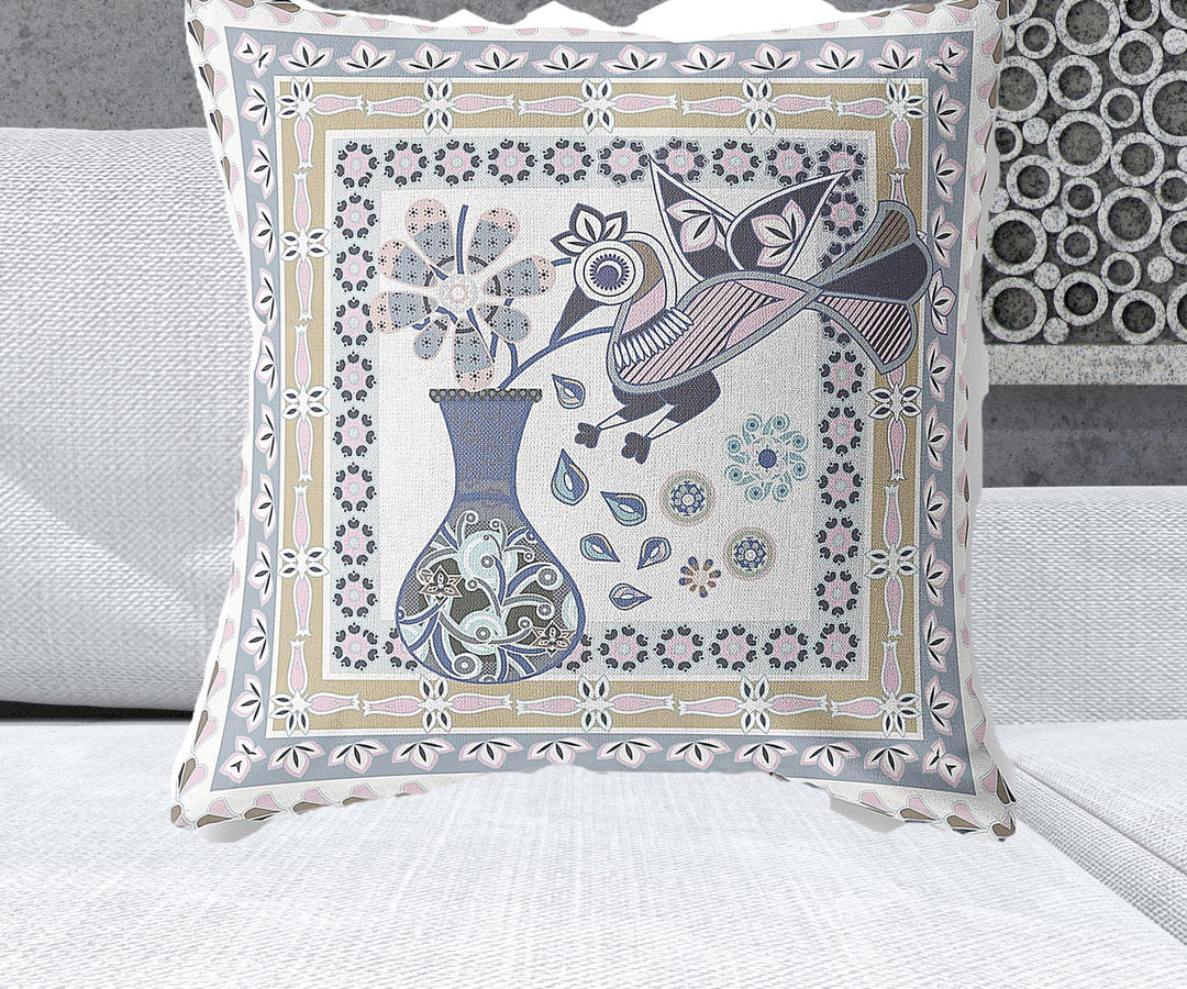 26" x 26" Beige and White Peacock Blown Seam Floral Indoor Outdoor Throw Pillow