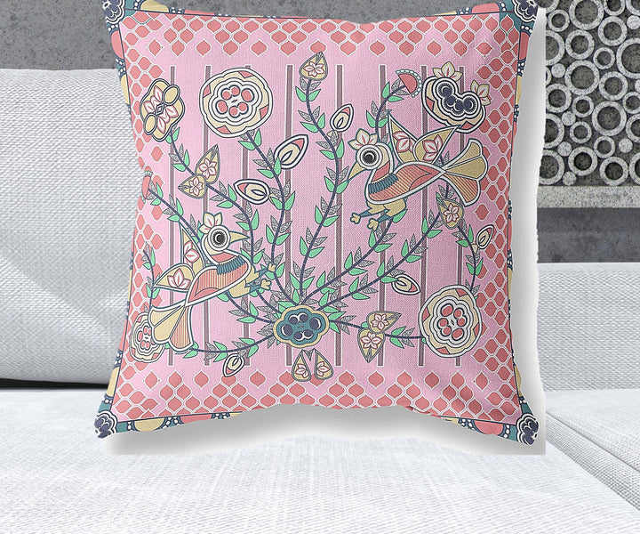 26" x 26" Pink Peacock Blown Seam Floral Indoor Outdoor Throw Pillow