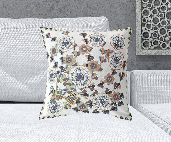 20" x 20" Off White Peacock Blown Seam Floral Indoor Outdoor Throw Pillow