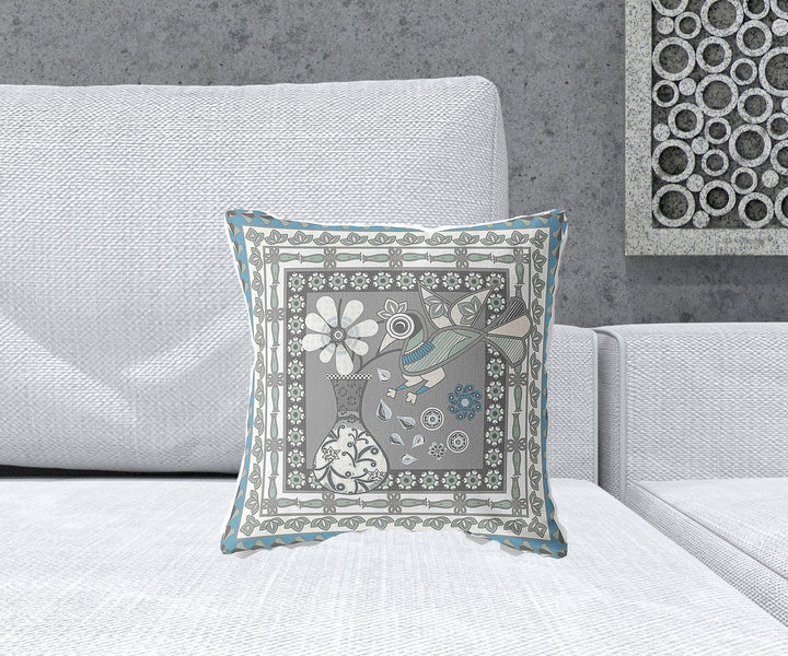 16" x 16" Gray and White Peacock Blown Seam Floral Indoor Outdoor Throw Pillow