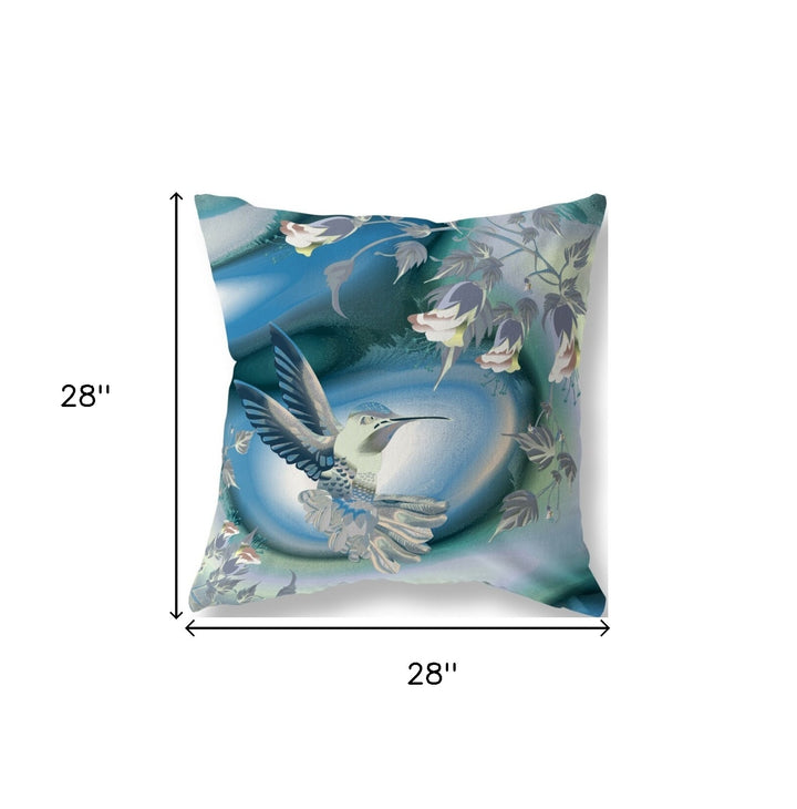 28" X 28" Blue and White Bird Blown Seam Floral Indoor Outdoor Throw Pillow