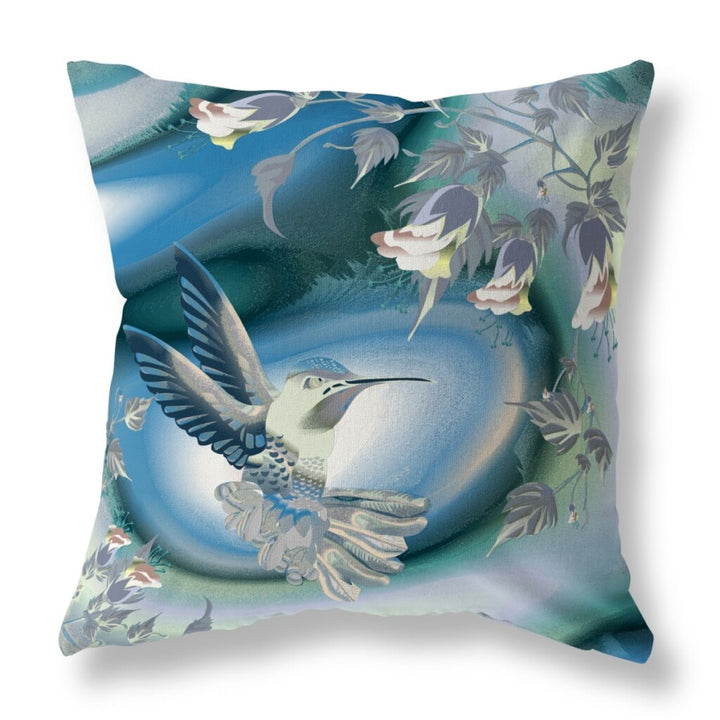 28" X 28" Blue and White Bird Blown Seam Floral Indoor Outdoor Throw Pillow