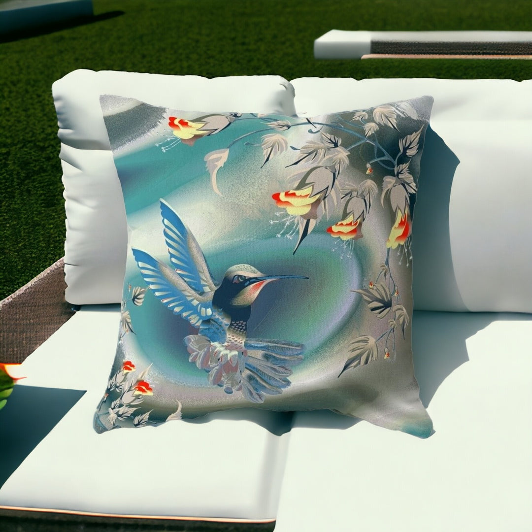 26" X 26" Blue and Gray Bird Blown Seam Floral Indoor Outdoor Throw Pillow