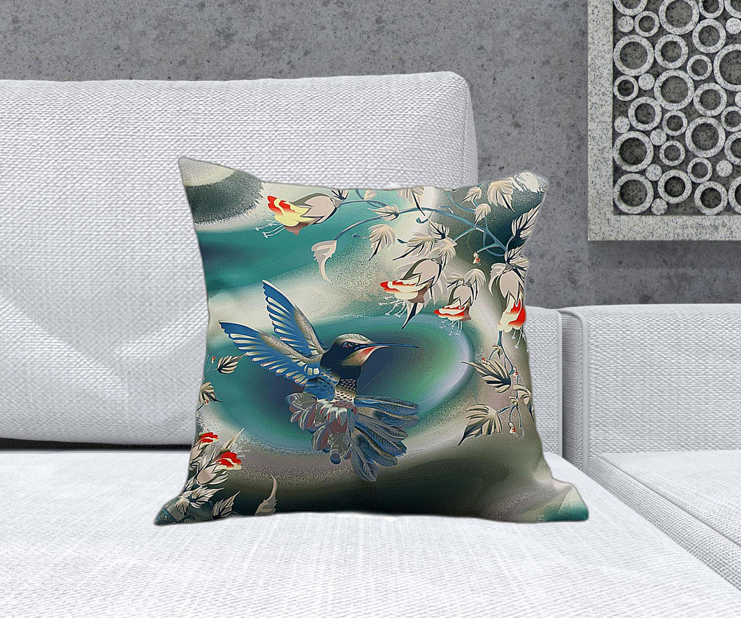 18" x 18" Turquoise Bird Blown Seam Floral Indoor Outdoor Throw Pillow