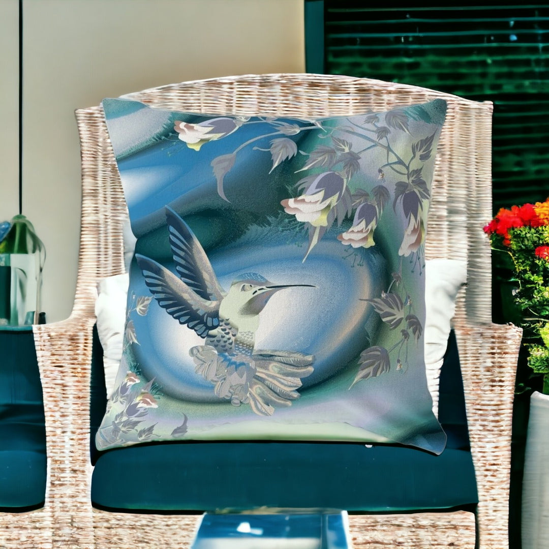 28" X 28" Blue and White Bird Blown Seam Floral Indoor Outdoor Throw Pillow