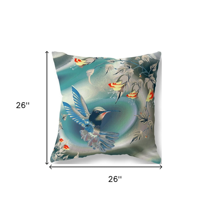 26" X 26" Blue and Gray Bird Blown Seam Floral Indoor Outdoor Throw Pillow