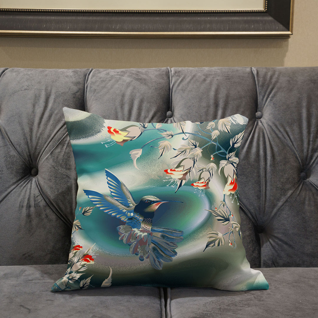 18" x 18" Turquoise Bird Blown Seam Floral Indoor Outdoor Throw Pillow