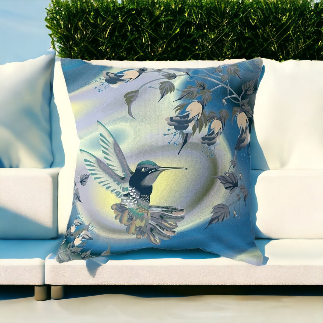 18" X 18" Blue and Yellow Bird Blown Seam Floral Indoor Outdoor Throw Pillow