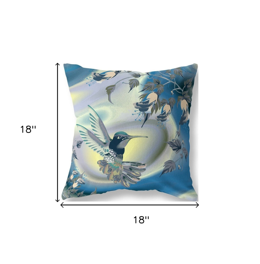 18" X 18" Blue and Yellow Bird Blown Seam Floral Indoor Outdoor Throw Pillow