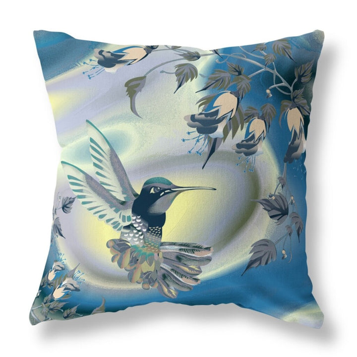 18" X 18" Blue and Yellow Bird Blown Seam Floral Indoor Outdoor Throw Pillow