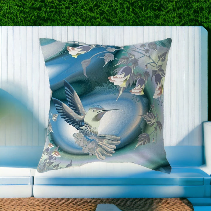 18" X 18" Blue and White Bird Blown Seam Floral Indoor Outdoor Throw Pillow