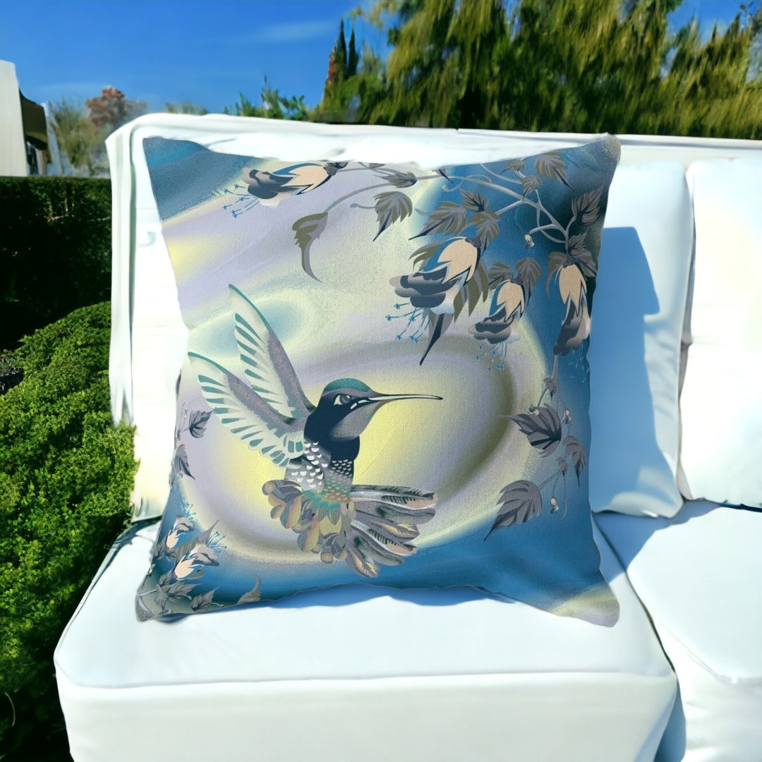 20" X 20" Blue and Yellow Bird Blown Seam Floral Indoor Outdoor Throw Pillow