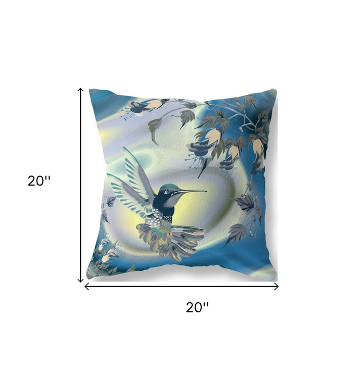 20" X 20" Blue and Yellow Bird Blown Seam Floral Indoor Outdoor Throw Pillow