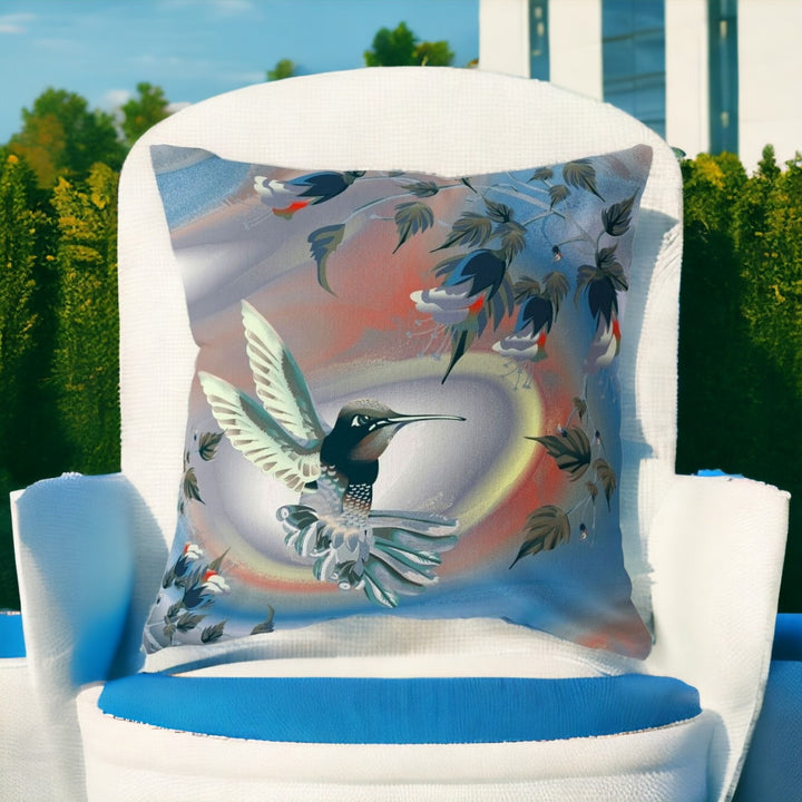 20" X 20" Blue and Gray Bird Blown Seam Floral Indoor Outdoor Throw Pillow