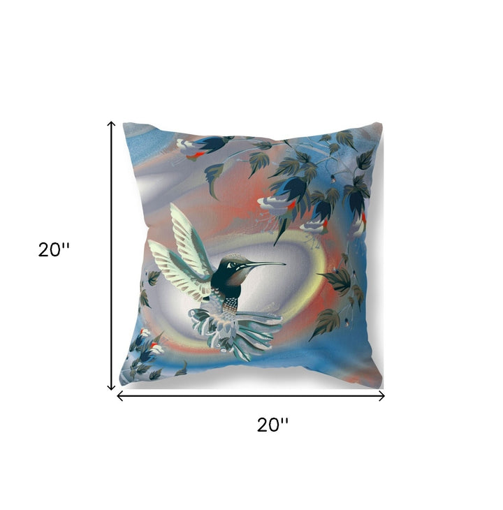 20" X 20" Blue and Gray Bird Blown Seam Floral Indoor Outdoor Throw Pillow