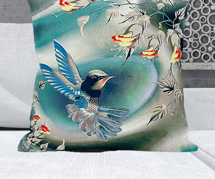 28" x 28" Turquoise Bird Blown Seam Floral Indoor Outdoor Throw Pillow