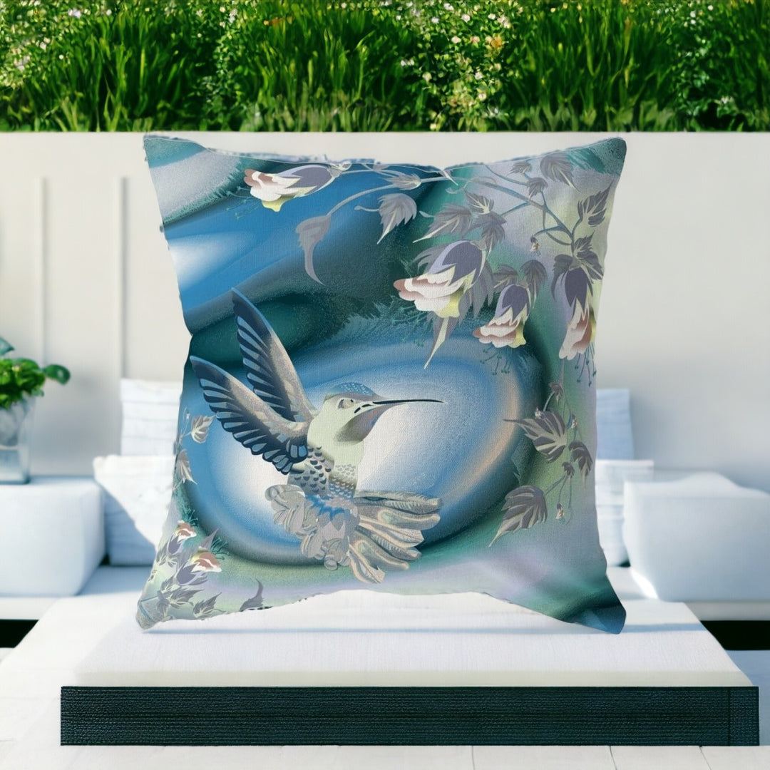 20" X 20" Blue and White Bird Blown Seam Floral Indoor Outdoor Throw Pillow