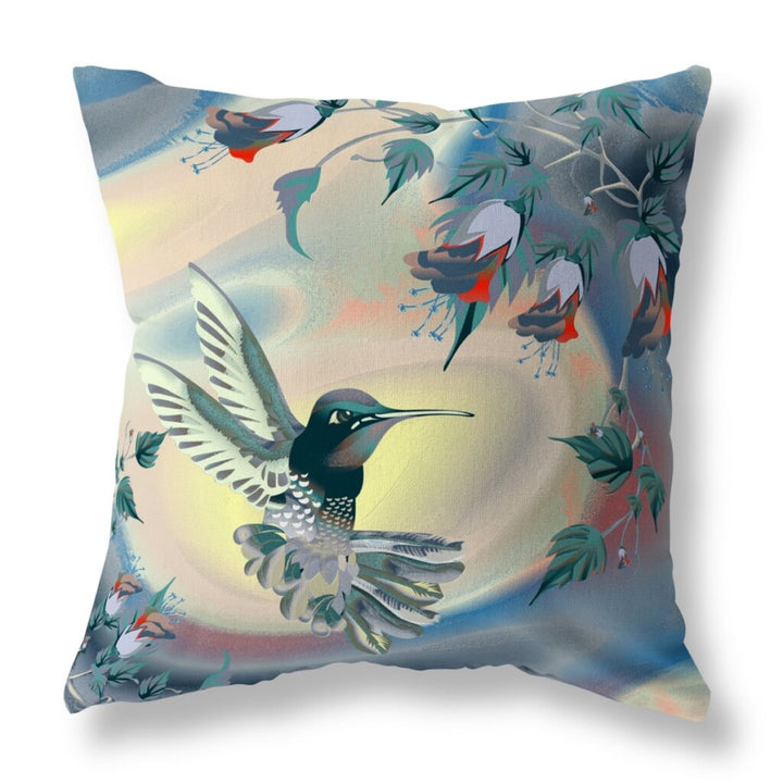 18" X 18" Blue and Yellow Bird Blown Seam Floral Indoor Outdoor Throw Pillow