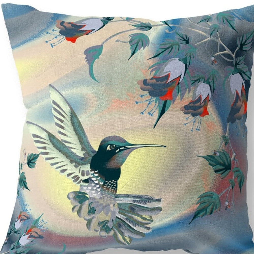 18" X 18" Blue and Yellow Bird Blown Seam Floral Indoor Outdoor Throw Pillow