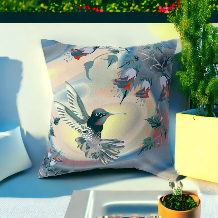 18" X 18" Blue and Yellow Bird Blown Seam Floral Indoor Outdoor Throw Pillow