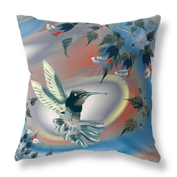 16" X 16" Blue and Gray Bird Blown Seam Floral Indoor Outdoor Throw Pillow