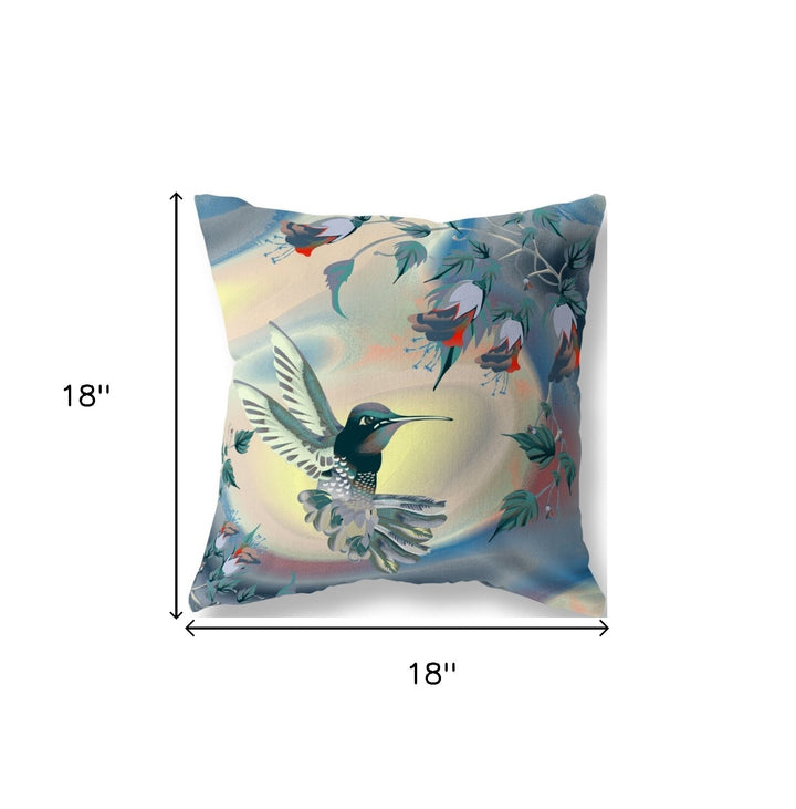 18" X 18" Blue and Yellow Bird Blown Seam Floral Indoor Outdoor Throw Pillow